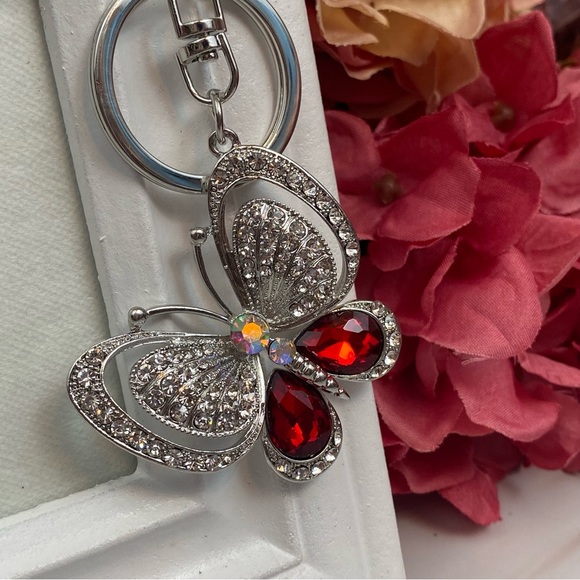 Silver and Ruby Red Crystal Butterfly Keychain Charm - Picture 6 of 16